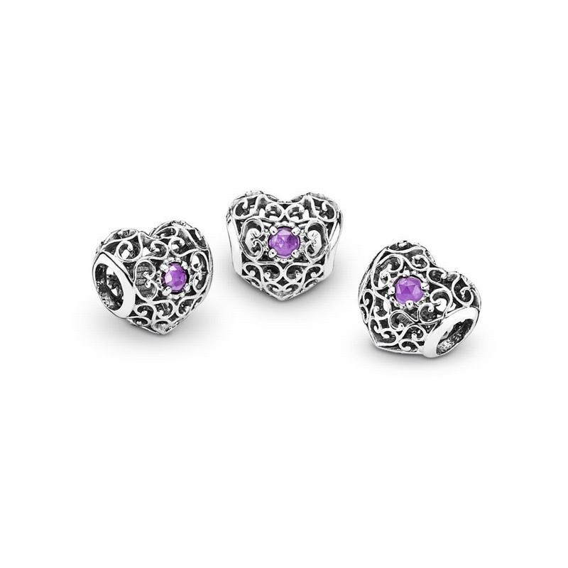 Pandora February Signature Heart Charm - Sterling Silver/Purple/Synthetic Amethyst - Canada | JW6087